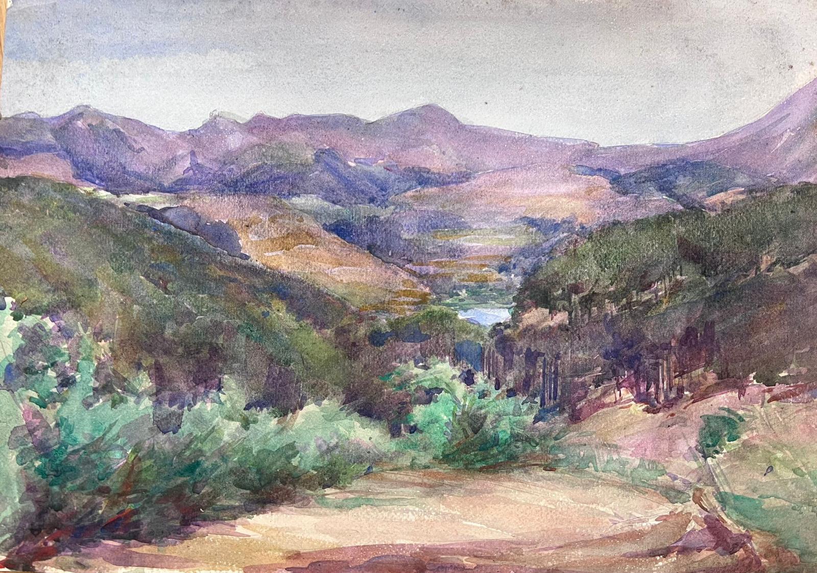 Louise Alix Landscape Painting - 1930's French Impressionist Purple Mountain Watercolour Landscape