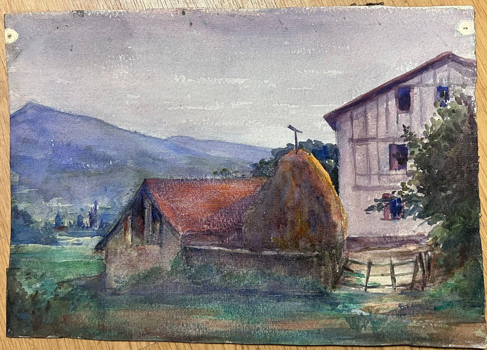 1930's French Impressionist Red Roof Farm Cottage Watercolour Landscape - Painting by Louise Alix