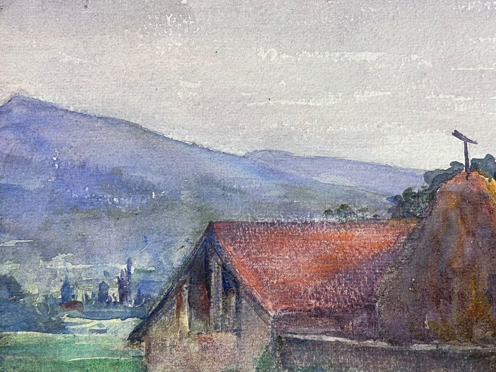 1930's French Impressionist Red Roof Farm Cottage Watercolour Landscape For Sale 1