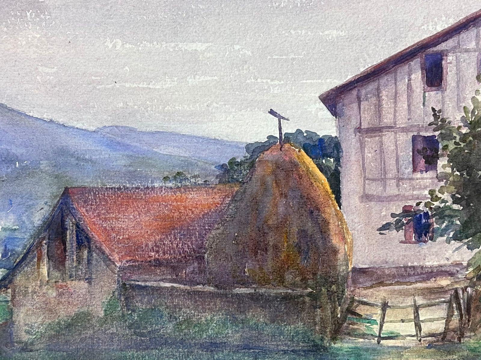 1930's French Impressionist Red Roof Farm Cottage Watercolour Landscape For Sale 2