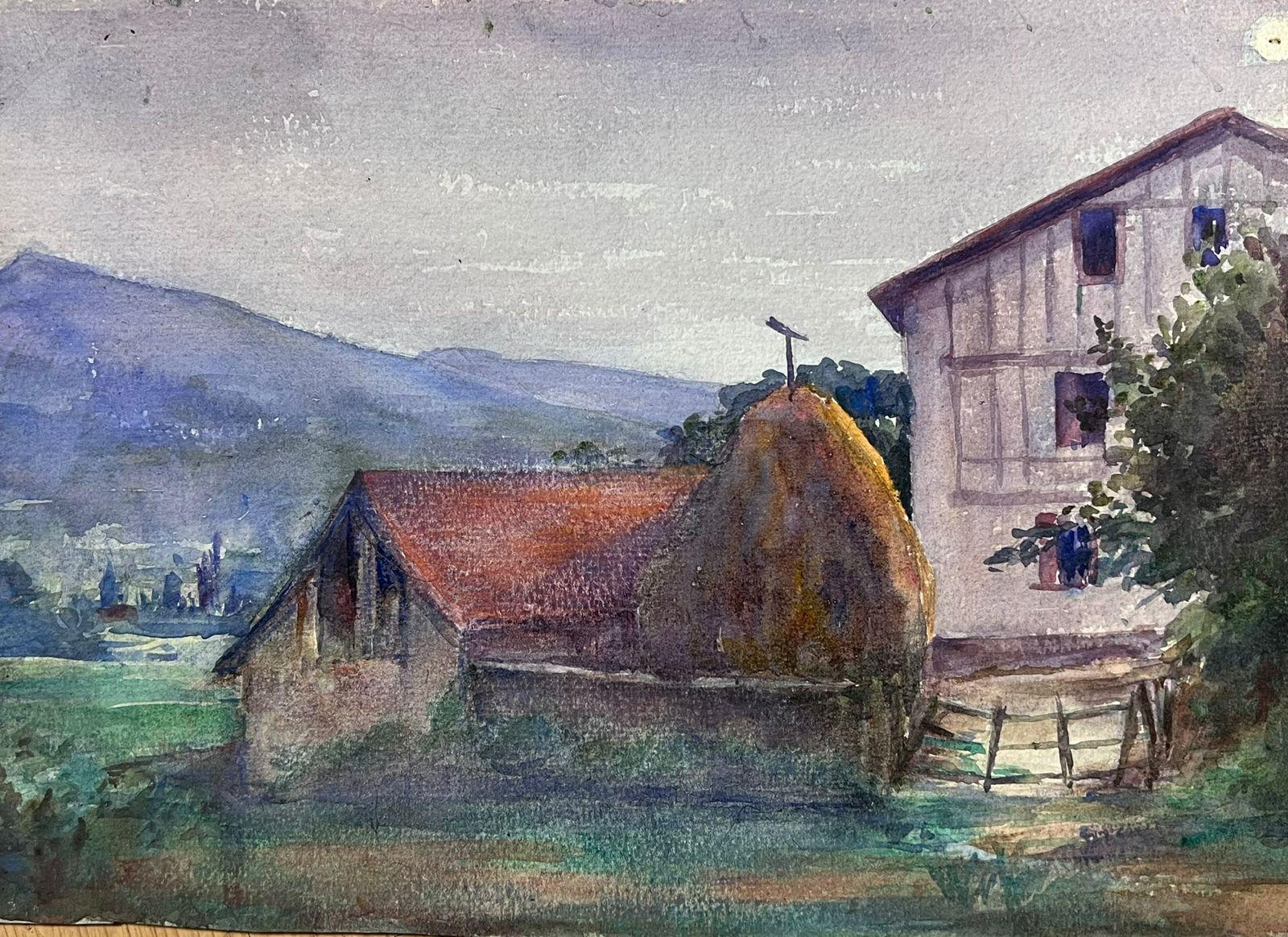 Louise Alix Landscape Painting - 1930's French Impressionist Red Roof Farm Cottage Watercolour Landscape