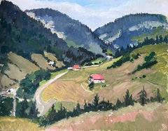 1930
s French Impressionist Red Roof House In Green and Blue Mountains