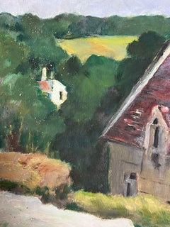 1930's French Impressionist Red Roof House Lowered In Green Forest Landscape