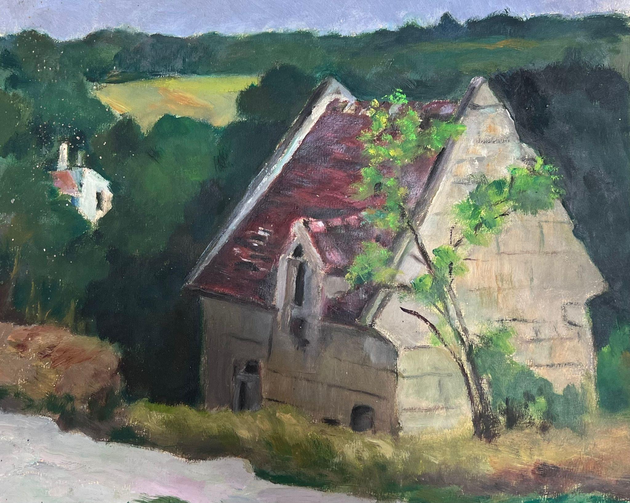 1930's French Impressionist Red Roof House Lowered In Green Forest Landscape For Sale 1