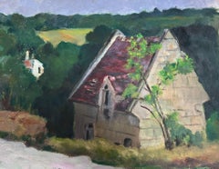 1930's French Impressionist Red Roof House Lowered In Green Forest Landscape