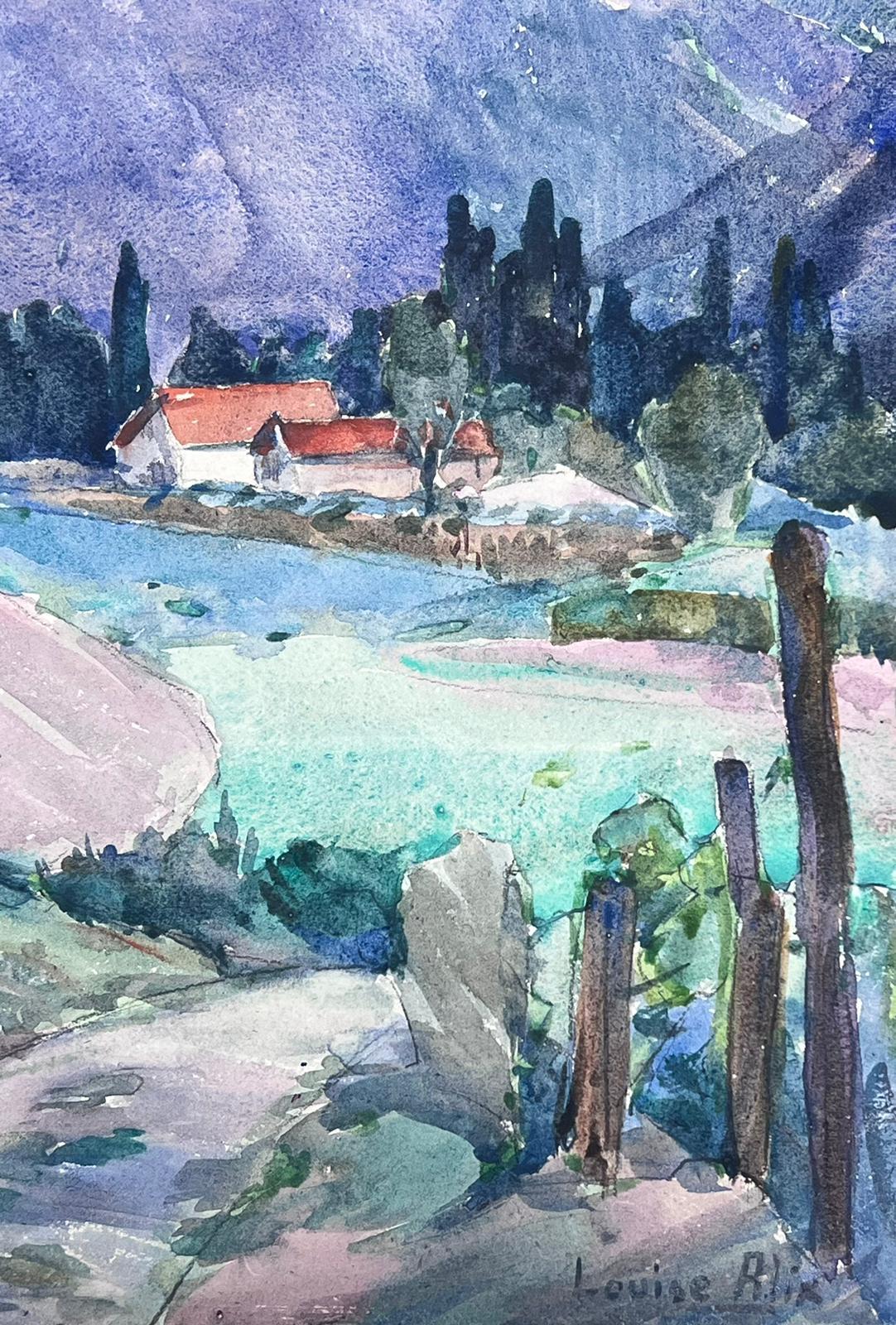 Casas con tejado rojo impresionistas francesas de 1930 en Provenza Paisaje arbolado de Chipre - Painting de Louise Alix