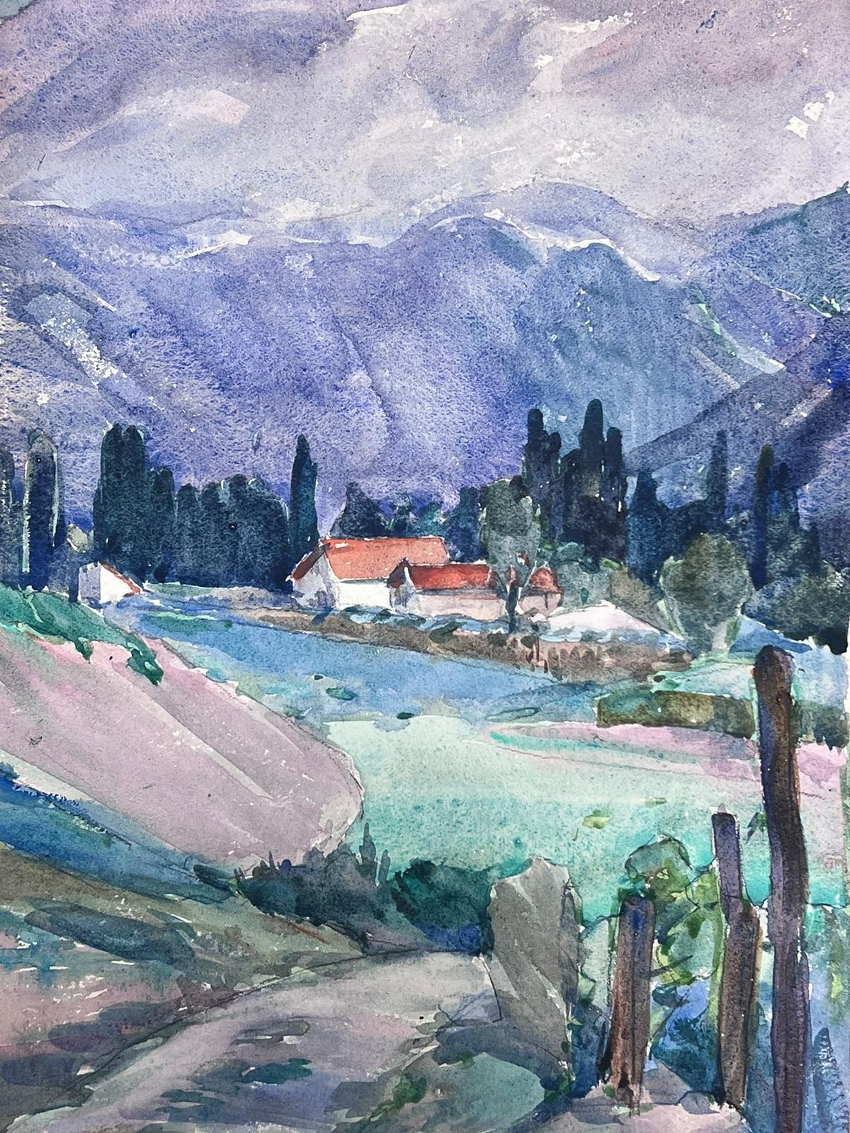 Casas con tejado rojo impresionistas francesas de 1930 en Provenza Paisaje arbolado de Chipre - Painting Impresionista de Louise Alix