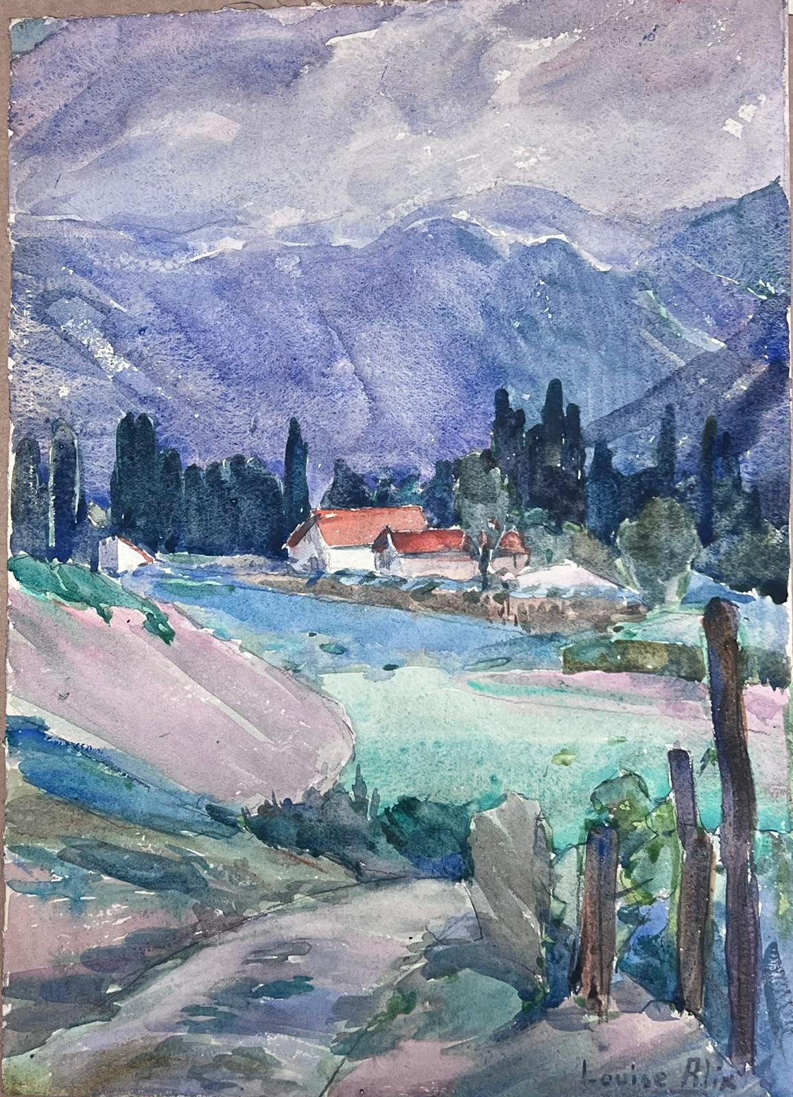 Casas con tejado rojo impresionistas francesas de 1930 en Provenza Paisaje arbolado de Chipre - Landscape Painting Gris de Louise Alix