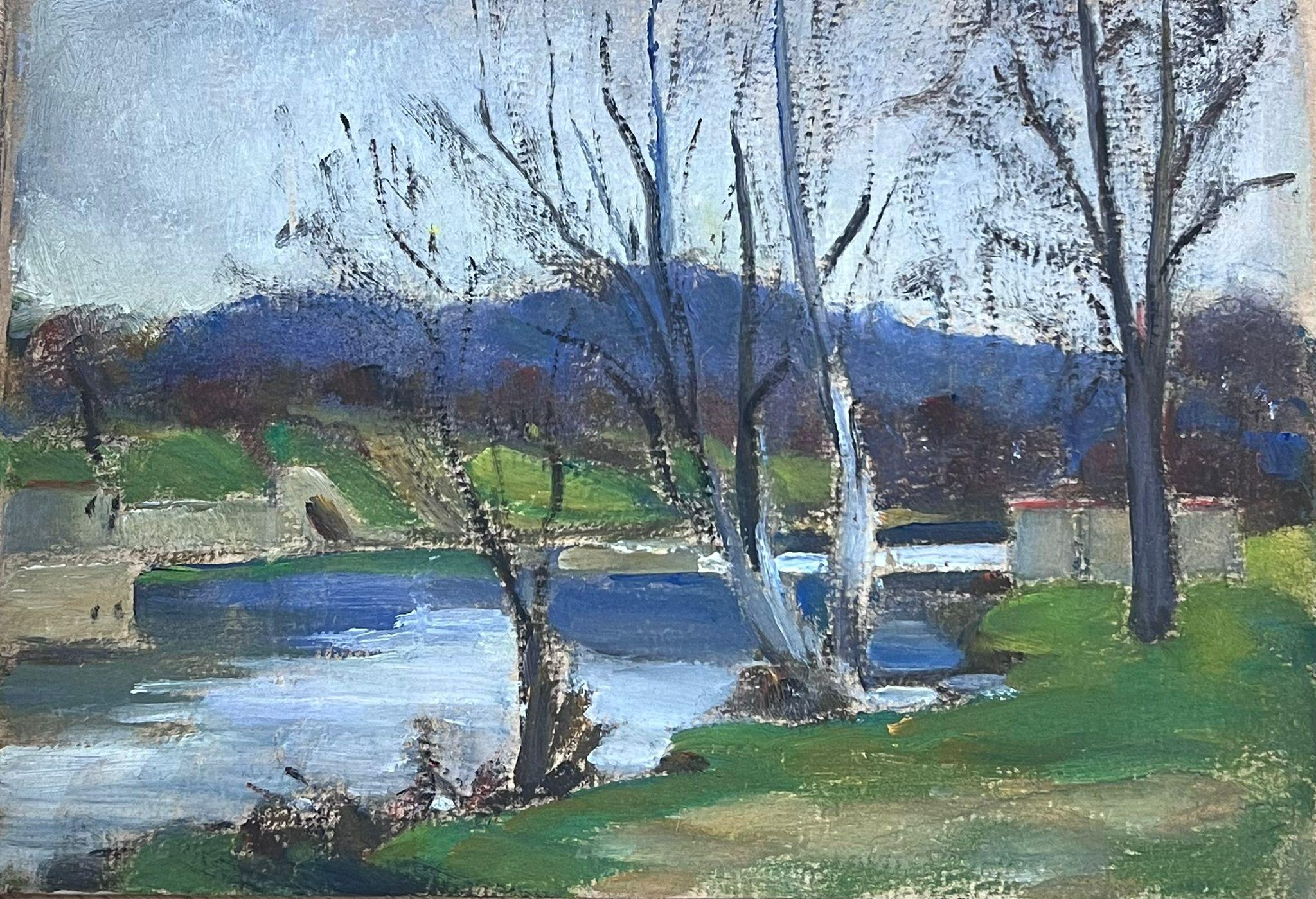 Louise Alix Landscape Painting - 1930's French Impressionist River Bank Bare Tree Landscape