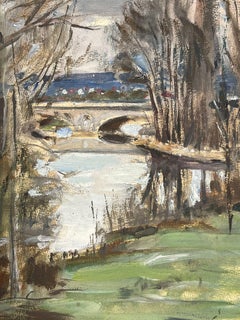 1930's French Impressionist River Bank Bridge Reflection Landscape