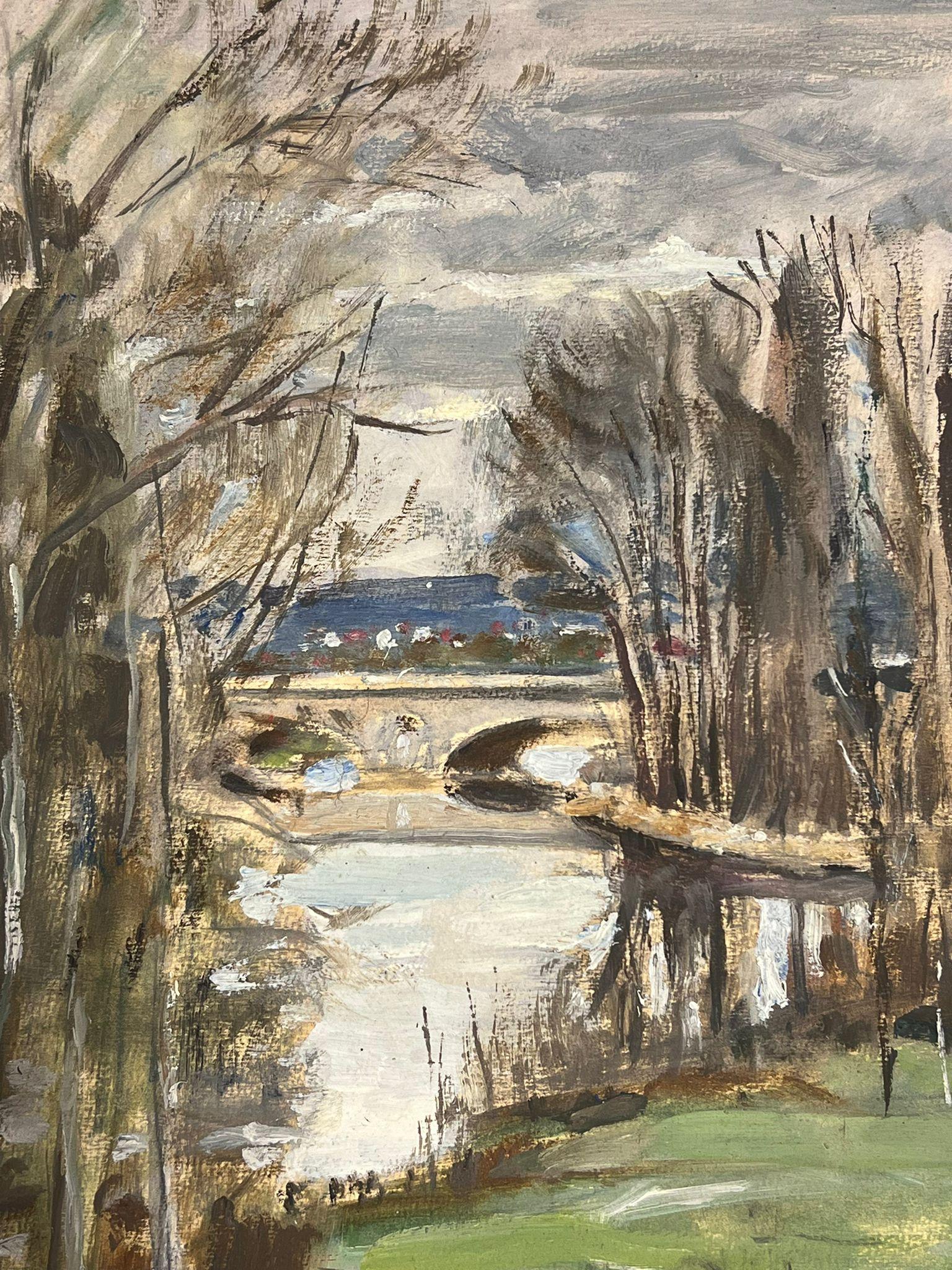 1930er Jahre Französisch Impressionist Flussufer Brücke Reflexion Landschaft  (Impressionismus), Painting, von Louise Alix