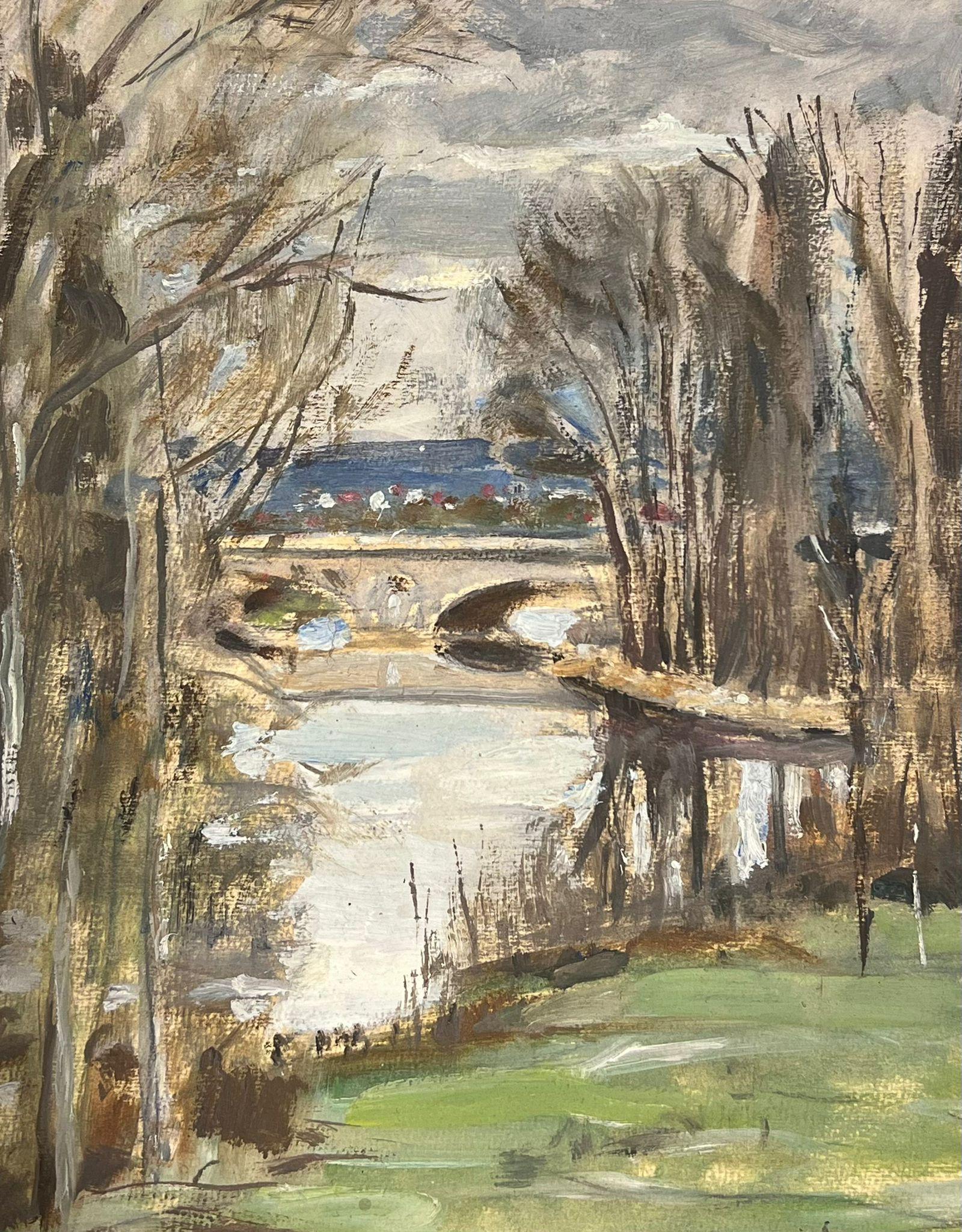1930's French Impressionist River Bank Bridge Reflection Landscape  For Sale 1