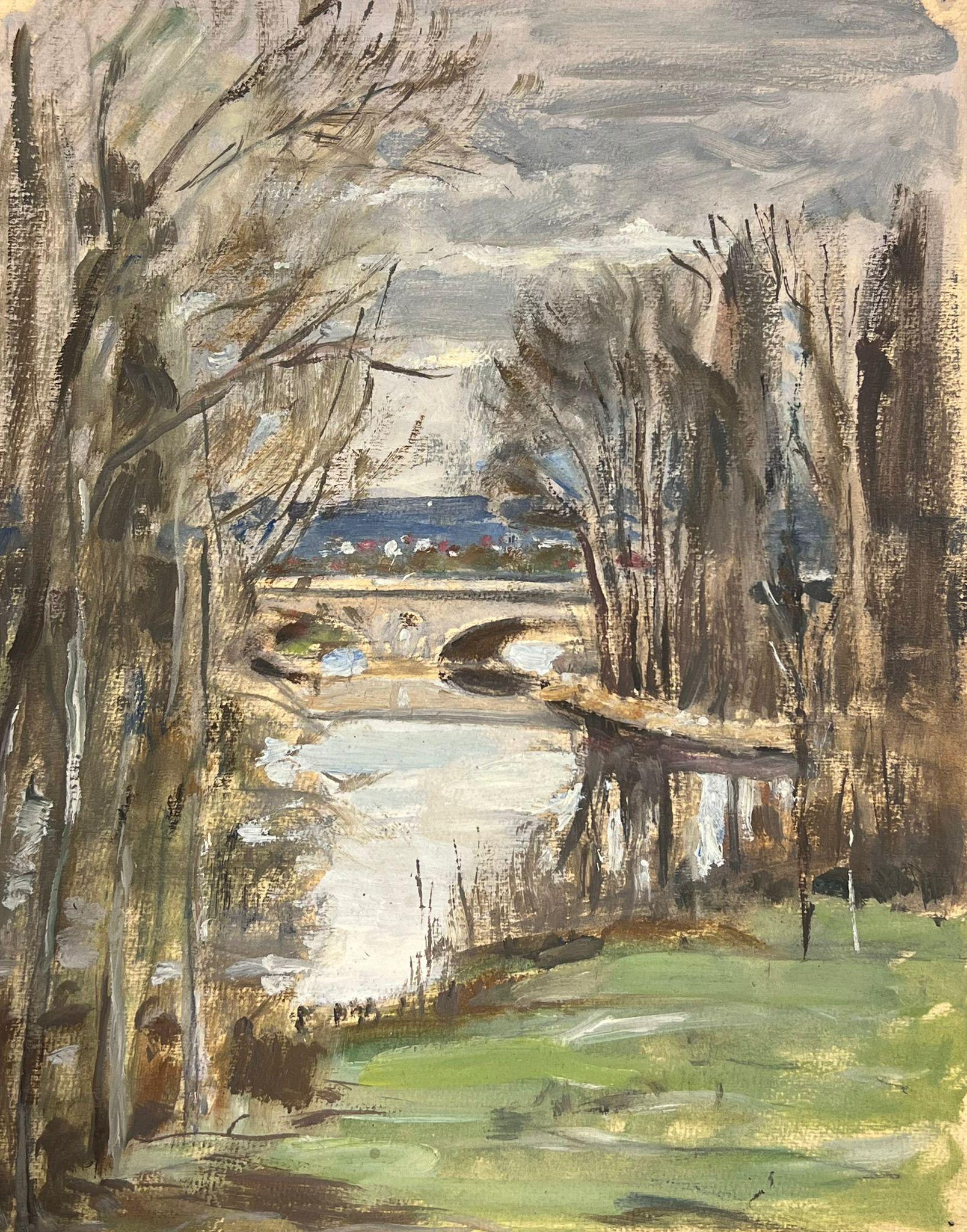 Louise Alix Landscape Painting – 1930er Jahre Französisch Impressionist Flussufer Brücke Reflexion Landschaft 