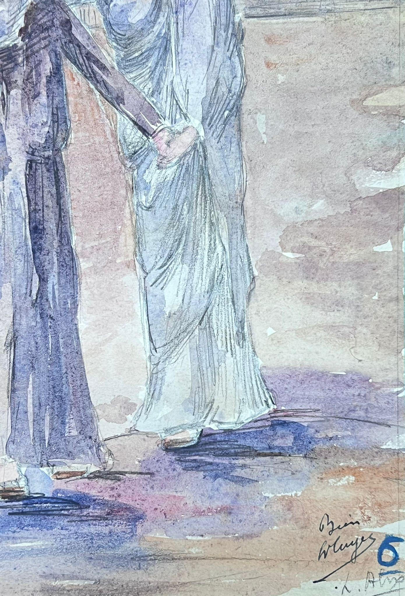 French Figures
signed by Louise Alix (French, 1888-1980) *see notes below
provenance stamp to the back 
watercolour painting on artist paper, unframed
measures: 10.75 high by 7.25 inches wide
condition: overall very good and sound, a few scuffs and