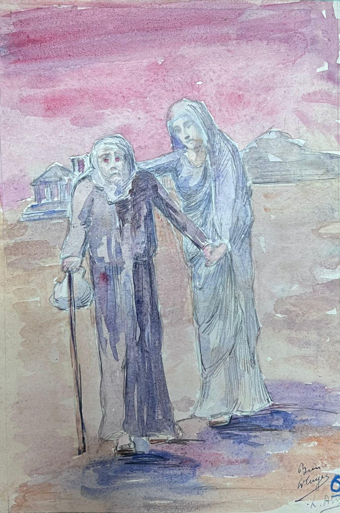 Louise Alix Figurative Painting - 1930's French Impressionist Robed Figure Guiding Lost Figure Through The Desert 