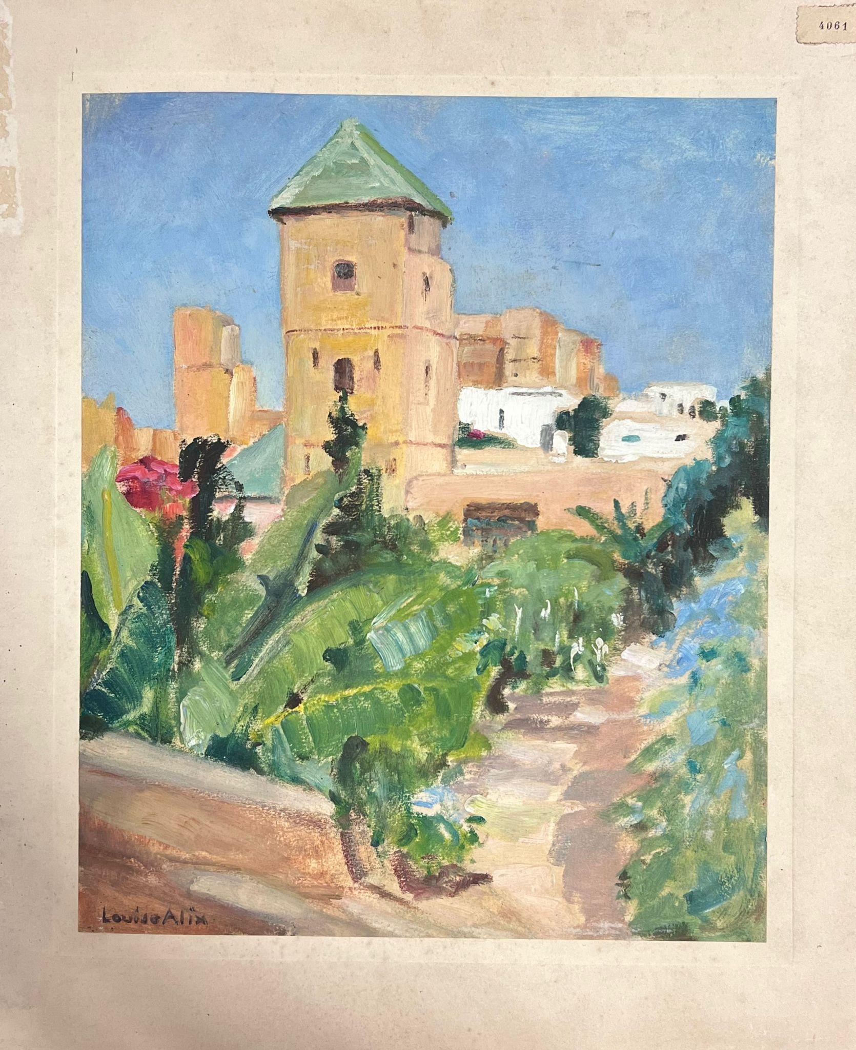 1930's French Impressionist Sandy Path Leading To Stone Castle Tower  - Painting by Louise Alix