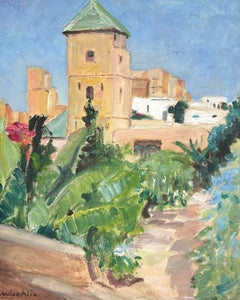 Path impressionniste français des années 1930 menant à une tour de château en pierre 