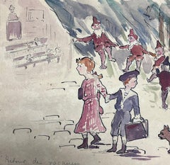 1930's French Impressionist School Children Walking To School Watercolor