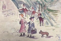 1930's French Impressionist School Children Walking To School Watercolor