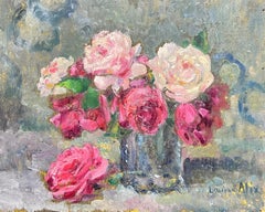 1930
s French Impressionist Signed Oil Painting Pink 
Red Roses Still Life