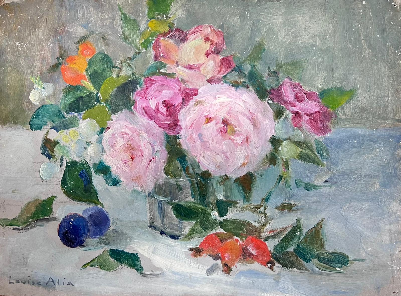 Louise Alix Still-Life Painting - 1930's French Impressionist Signed Oil Painting Pink Roses Still Life