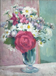1930's French Impressionist Signed Oil Painting Roses & Daisies in Glass Vase