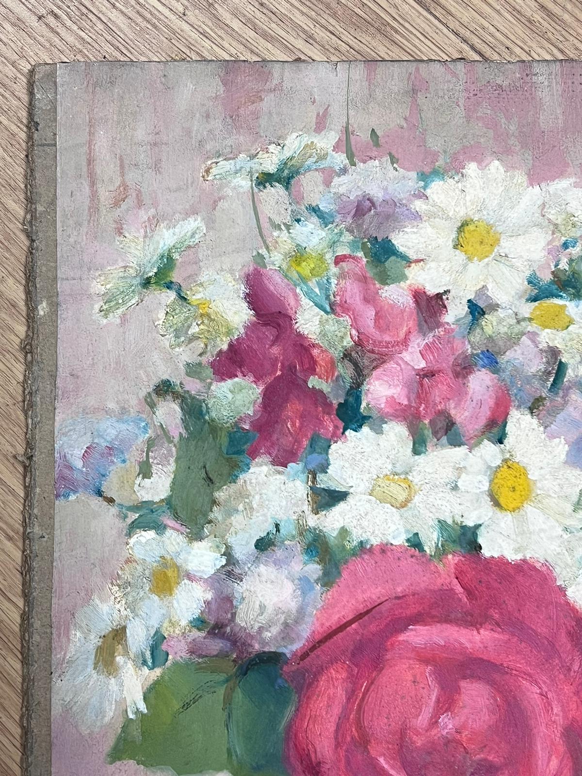 1930 Pintura al óleo impresionista francesa firmada Rosas y margaritas en jarrón de cristal - Painting Impresionista de Louise Alix