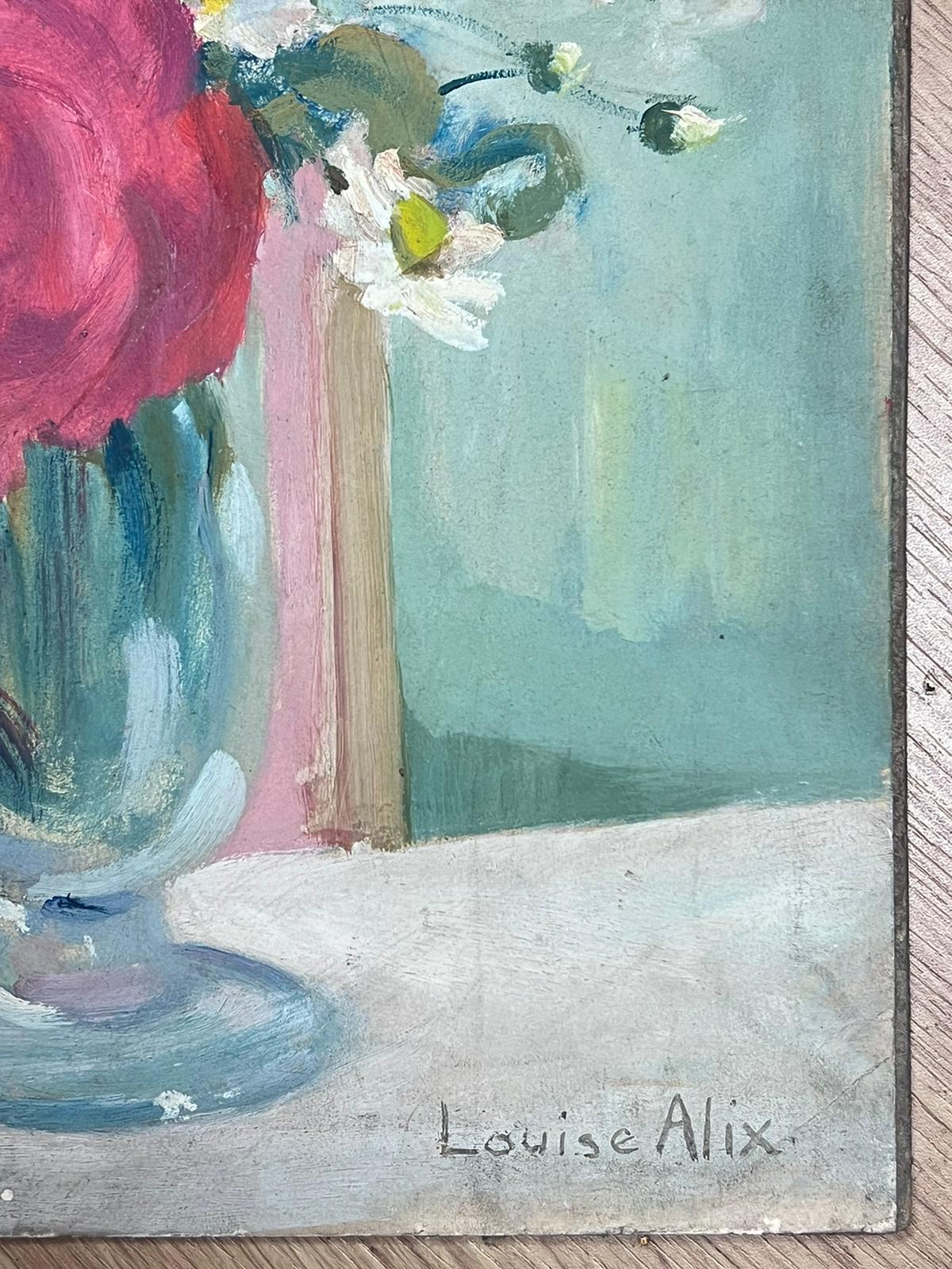 1930 Pintura al óleo impresionista francesa firmada Rosas y margaritas en jarrón de cristal - Still-Life Painting Gris de Louise Alix