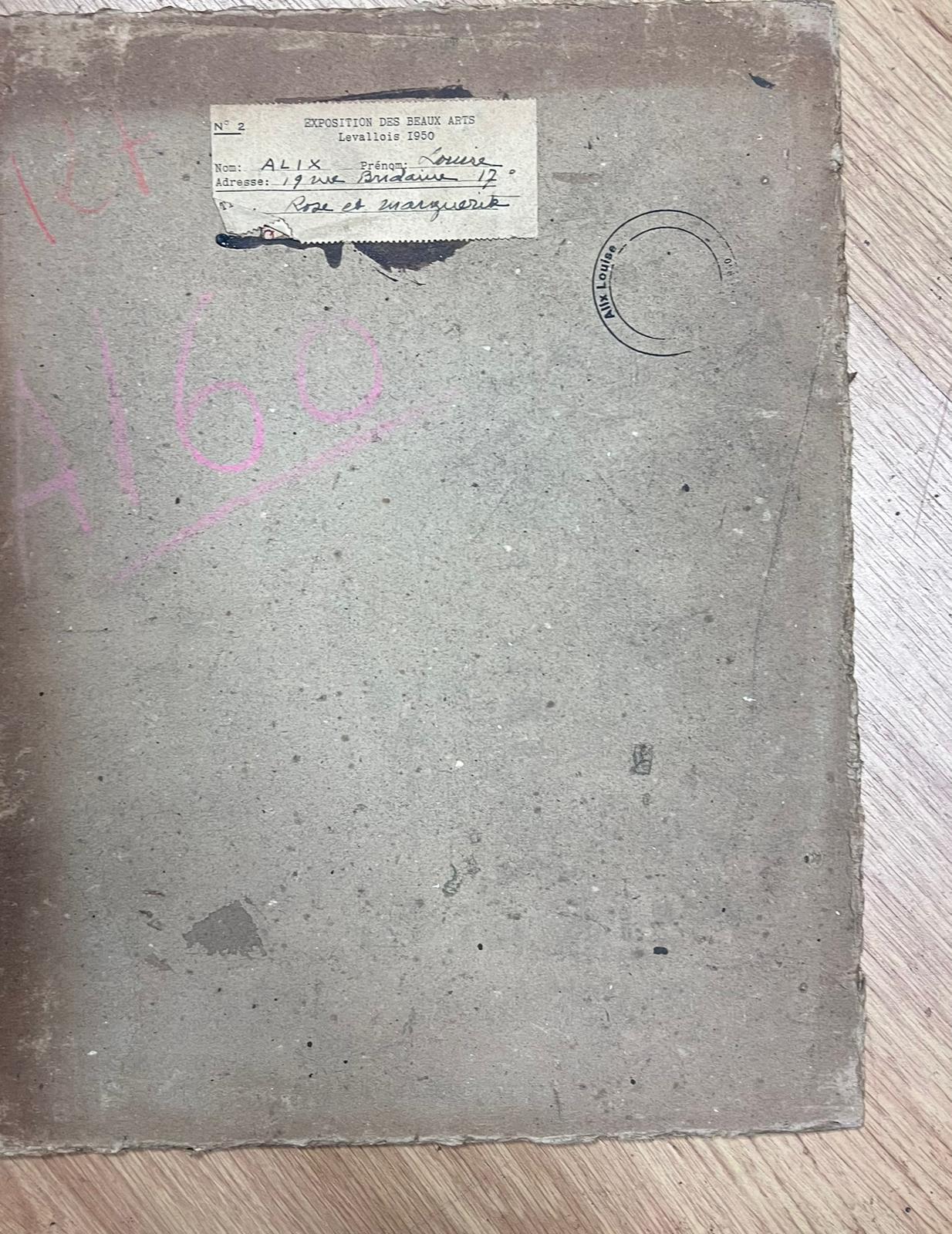 1930 Pintura al óleo impresionista francesa firmada Rosas y margaritas en jarrón de cristal 1