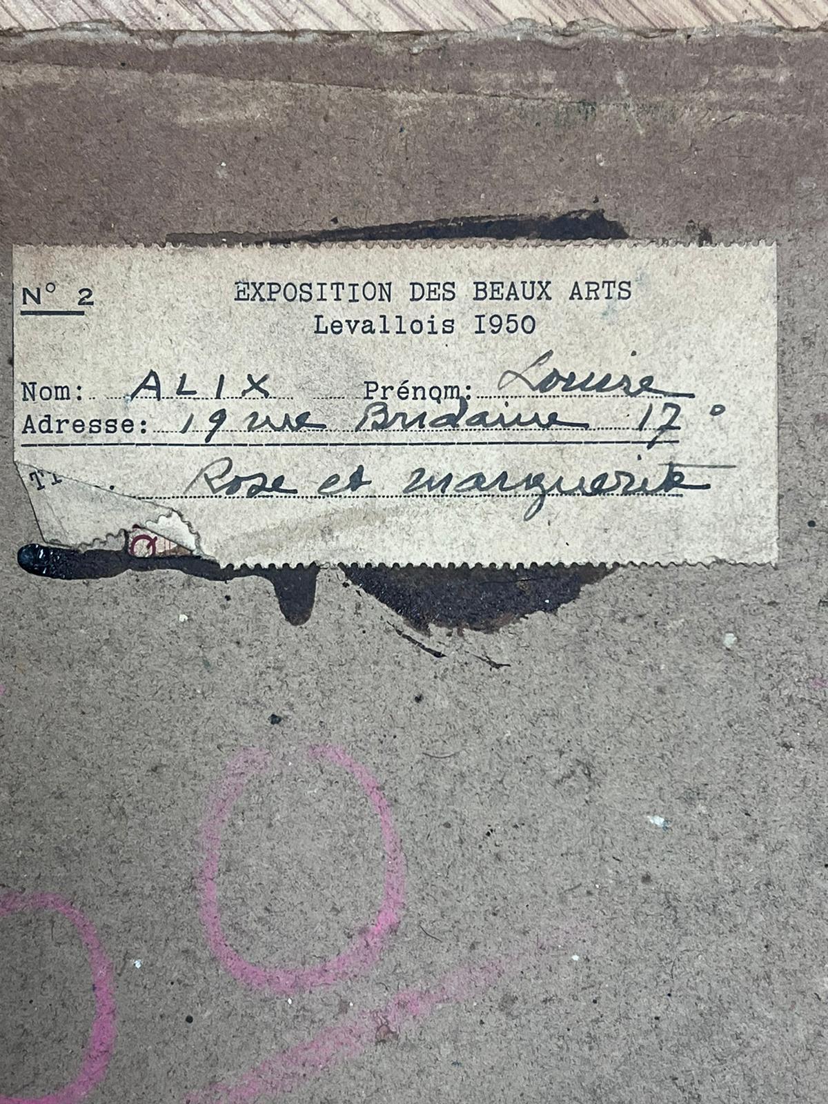 1930 Pintura al óleo impresionista francesa firmada Rosas y margaritas en jarrón de cristal 2