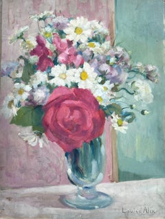 1930's French Impressionist Signed Oil Painting Roses & Daisies in Glass Vase