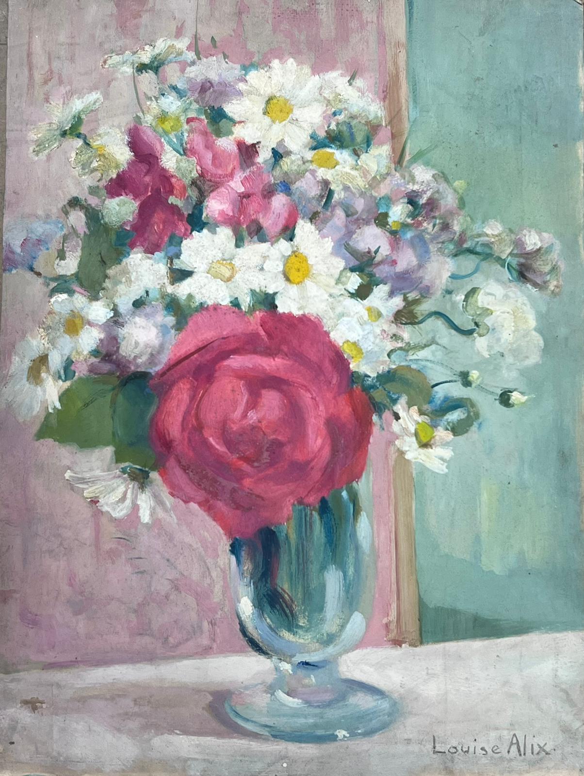 Louise Alix Interior Painting - 1930's French Impressionist Signed Oil Painting Roses & Daisies in Glass Vase