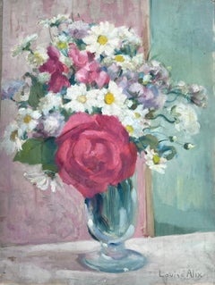 Vintage 1930's French Impressionist Signed Oil Painting Roses & Daisies in Glass Vase