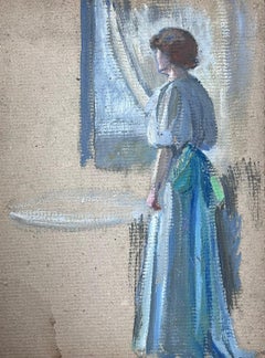 1930's French Impressionist Sketch in Oil Lady Looking out of Window