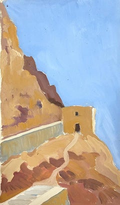 1930
s French Impressionist Small Dessert Hut On The Cliff Gouache Landscape