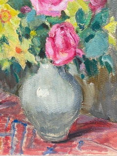 1930's French Impressionist Still Life Painting Daffodils and Pink Roses In Vase