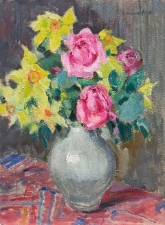 Nature morte impressionniste française des années 1930, jonquilles et roses roses dans un vase