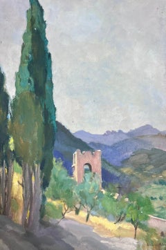 1930's French Impressionist Stone Arch In Cyprus Tree Summer Landscape