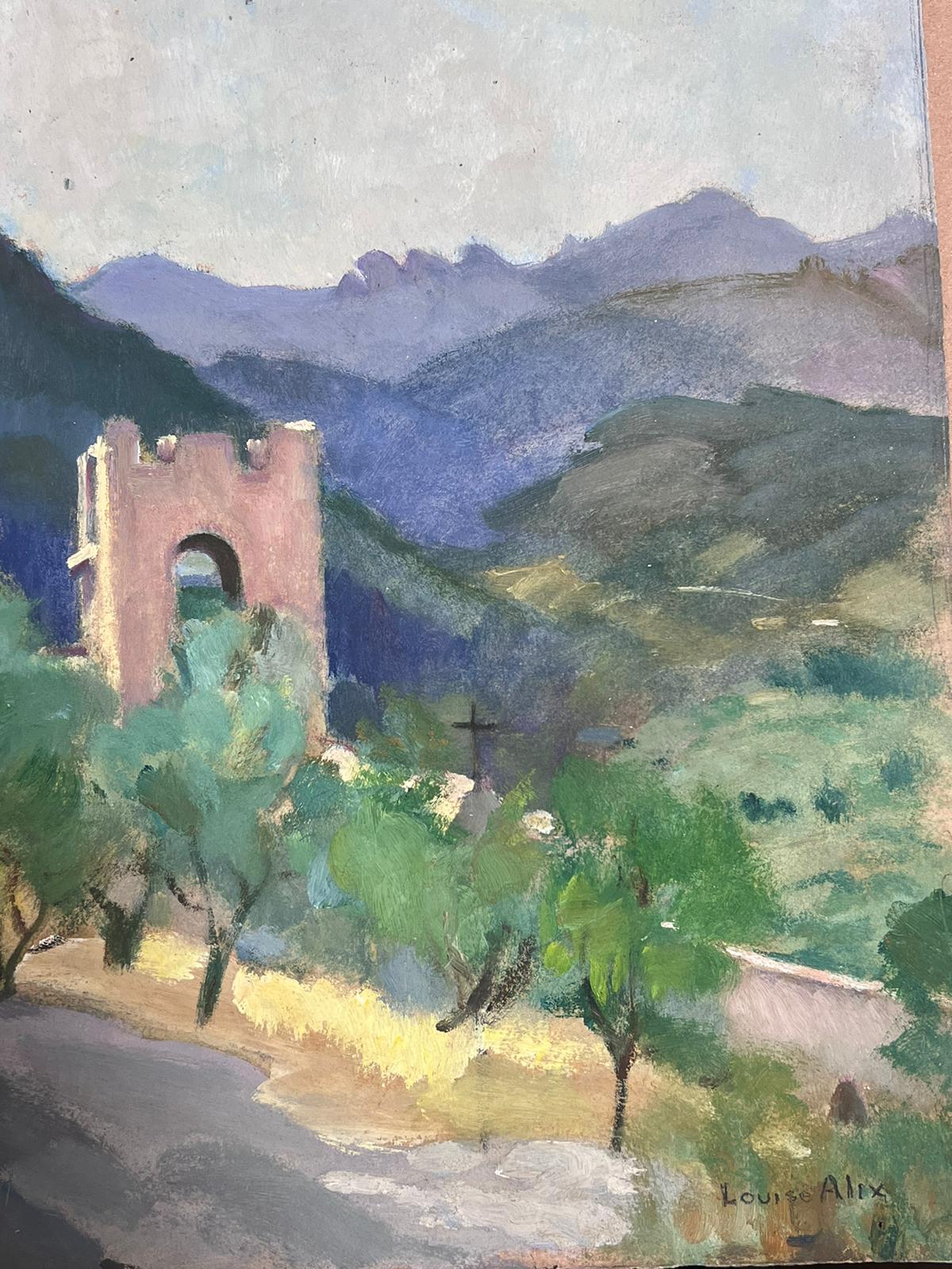 1930's French Impressionist Stone Arch In Cyprus Tree Summer Landscape For Sale 1