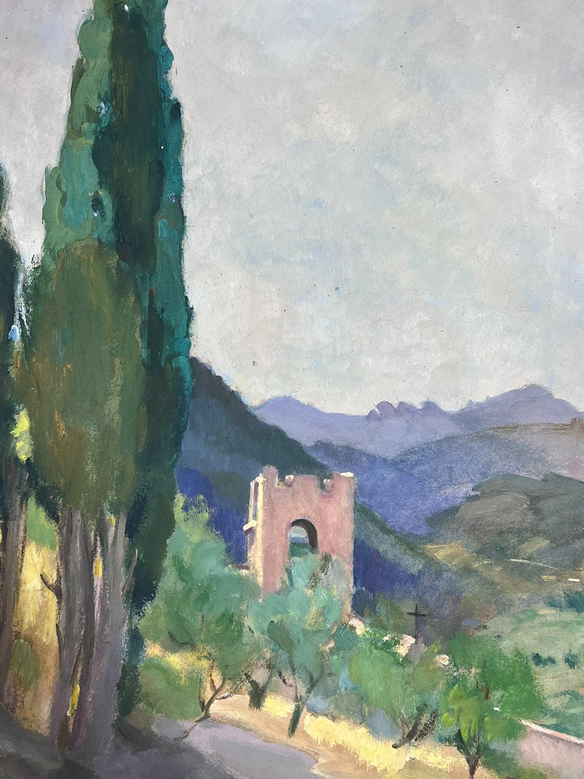 1930's French Impressionist Stone Arch In Cyprus Tree Summer Landscape For Sale 2