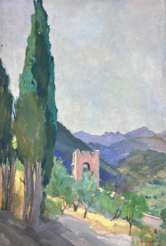 Retro 1930's French Impressionist Stone Arch In Cyprus Tree Summer Landscape