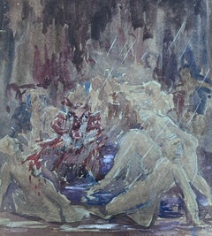 1930
s French Impressionist Stone Figures At The Water Statue Landscape