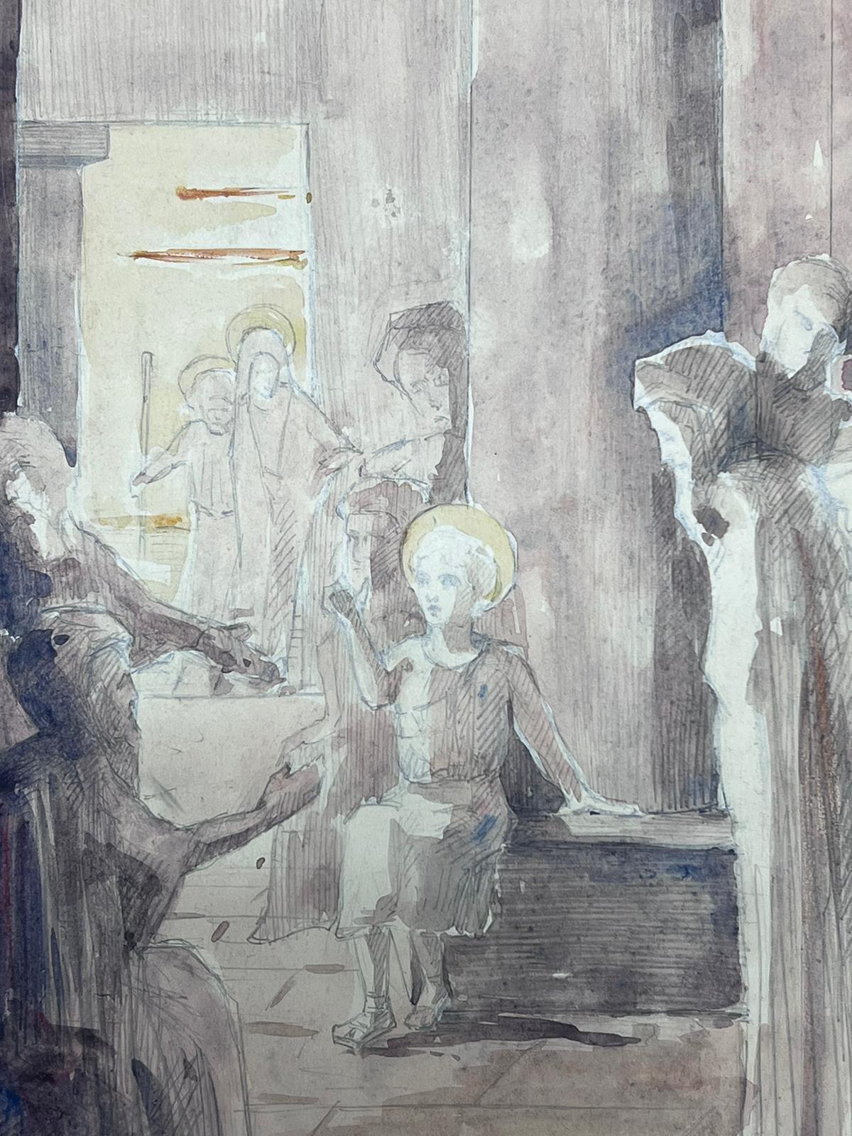 1930's French Impressionist Stone Figures Chatting In Cave - Gray Figurative Painting by Louise Alix