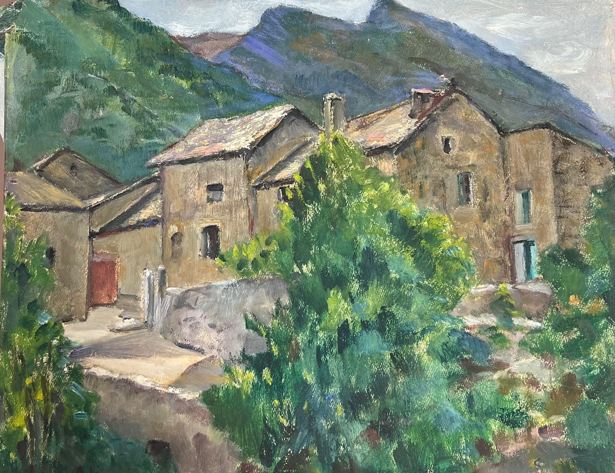 1930's French Impressionist Stone Houses In Purple Green Mountains  - Painting by Louise Alix