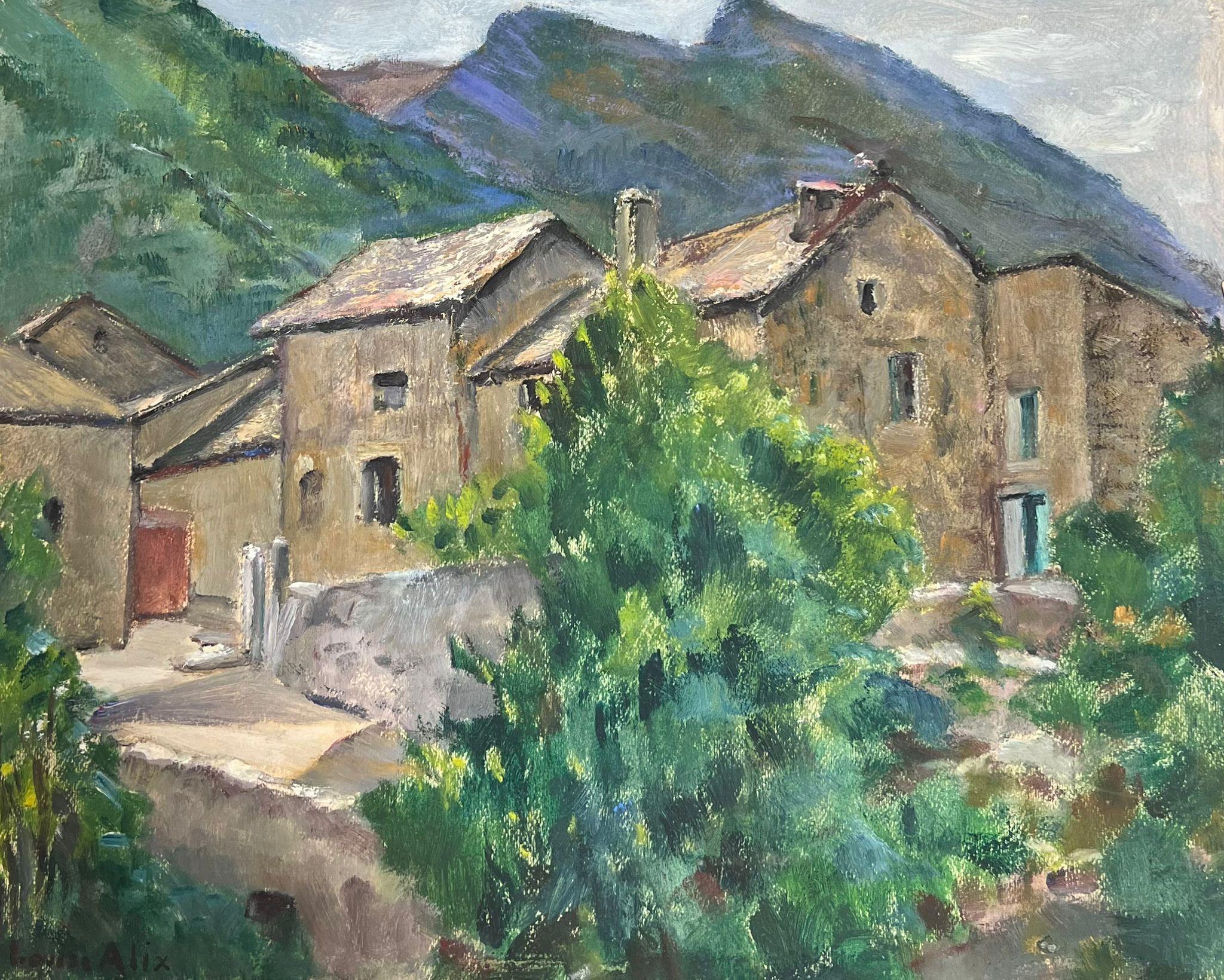 Louise Alix Landscape Painting - 1930's French Impressionist Stone Houses In Purple Green Mountains 