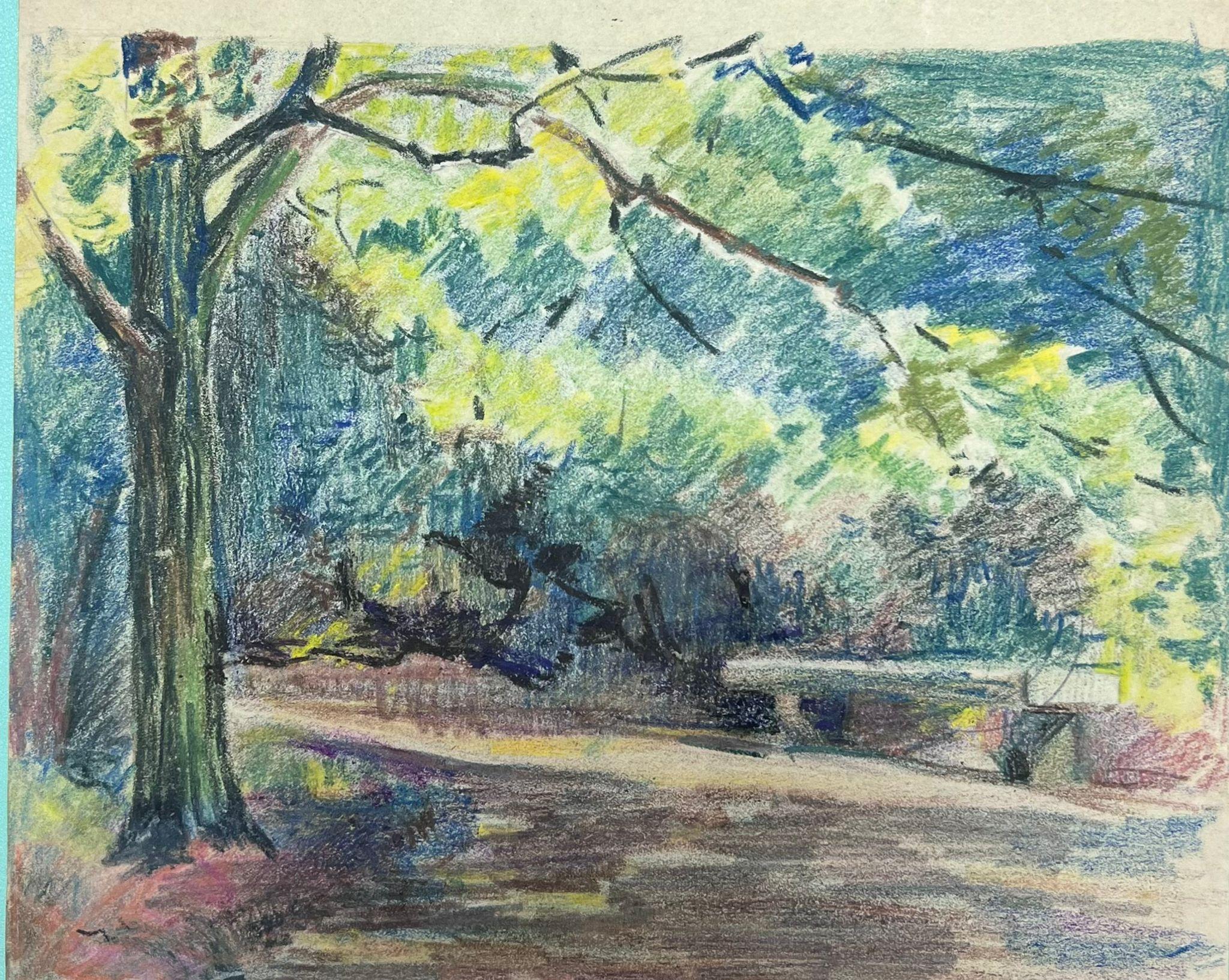 1930's French Impressionist Summer Day Woodland Pastel Landscape - Painting by Louise Alix