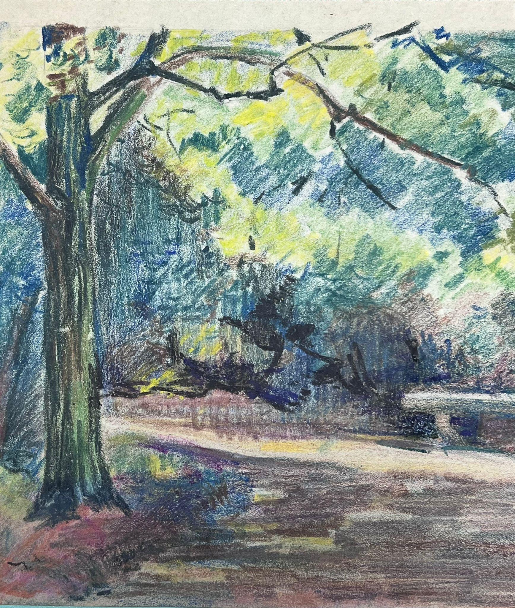 French Landscape
by Louise Alix (French, 1888-1980) *see notes below
provenance stamp to the back 
pastel drawing on artist paper, unframed
measures: 8 high by 10 inches wide
condition: overall very good and sound, a few scuffs and marks to the