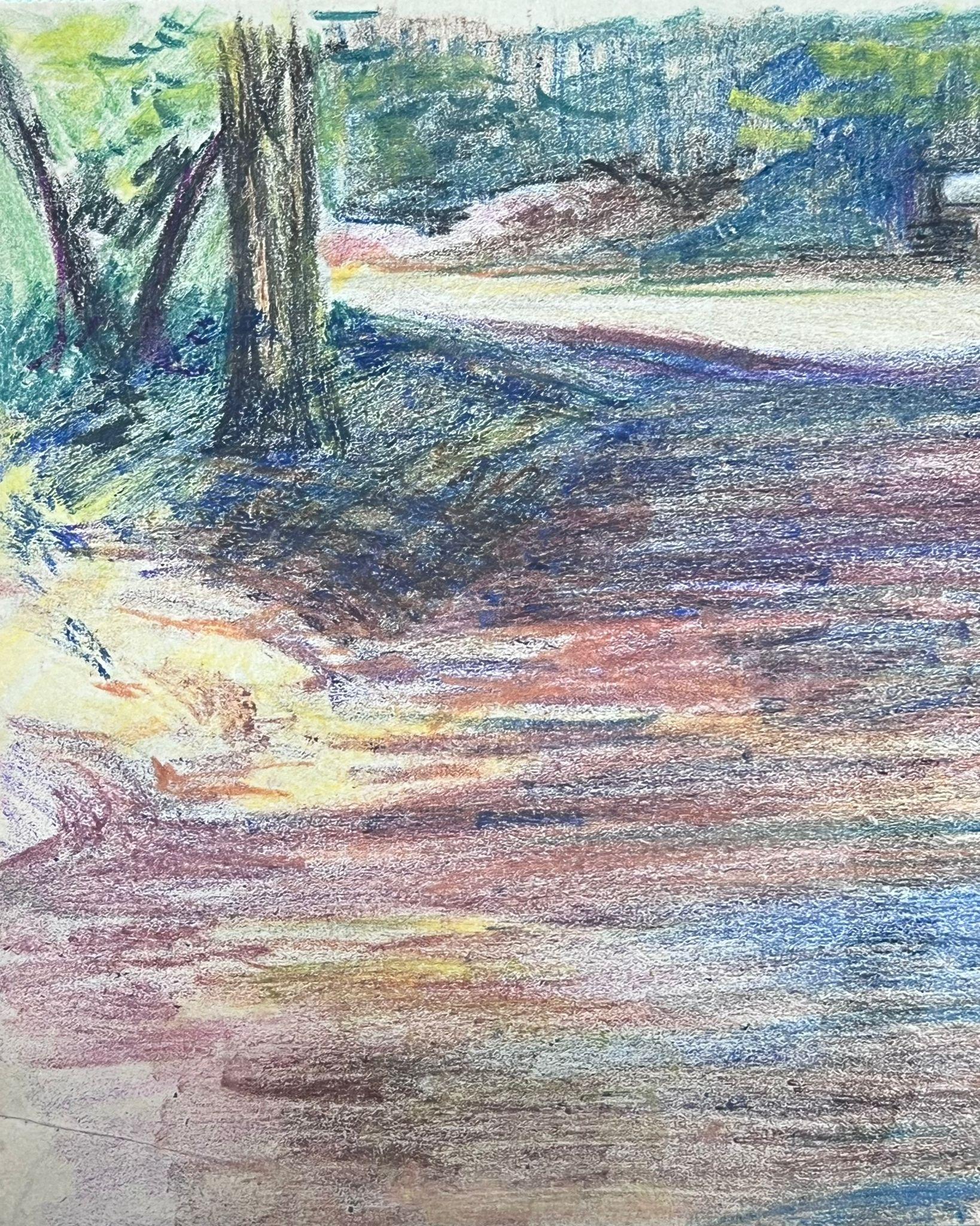 1930's French Impressionist Summer Day Woodland Pastel Landscape For Sale 1