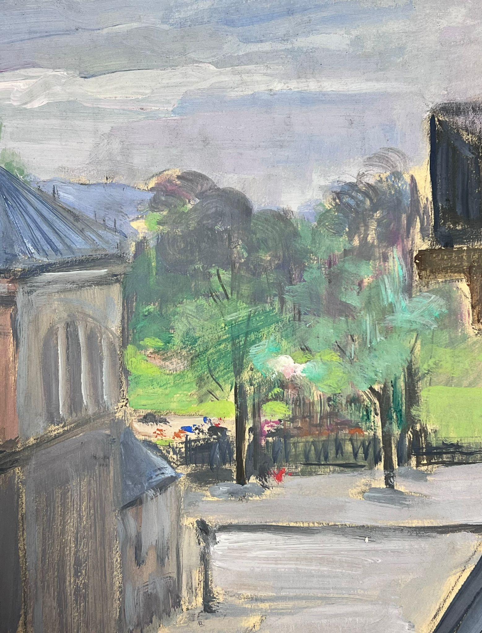 French Landscape
by Louise Alix, French 1950's Impressionist 
gouache on artist paper, unframed
painting: 9.75 x 9.75 inches
provenance: from a large private collection of this artists work in Northern France
condition: original, good and sound