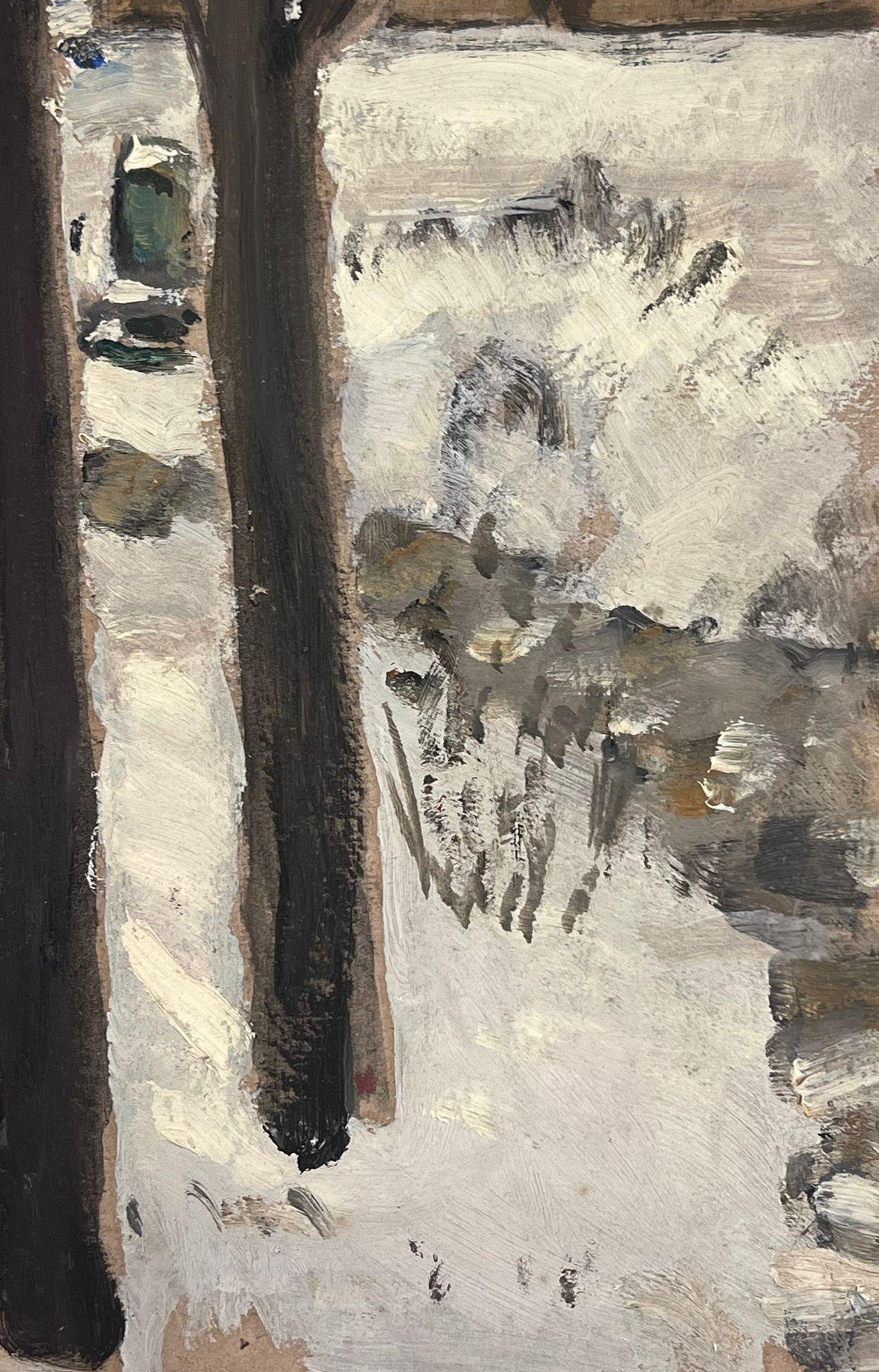 1930's French Impressionist Tall Bare Brown Trees In Snowy Landscape – Painting von Louise Alix
